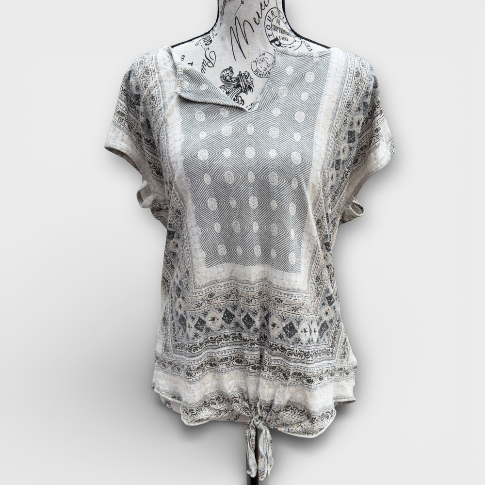 Lucky Brand Boho Border Print Tie Front Top L Cotton Modal Short Sleeve Festival